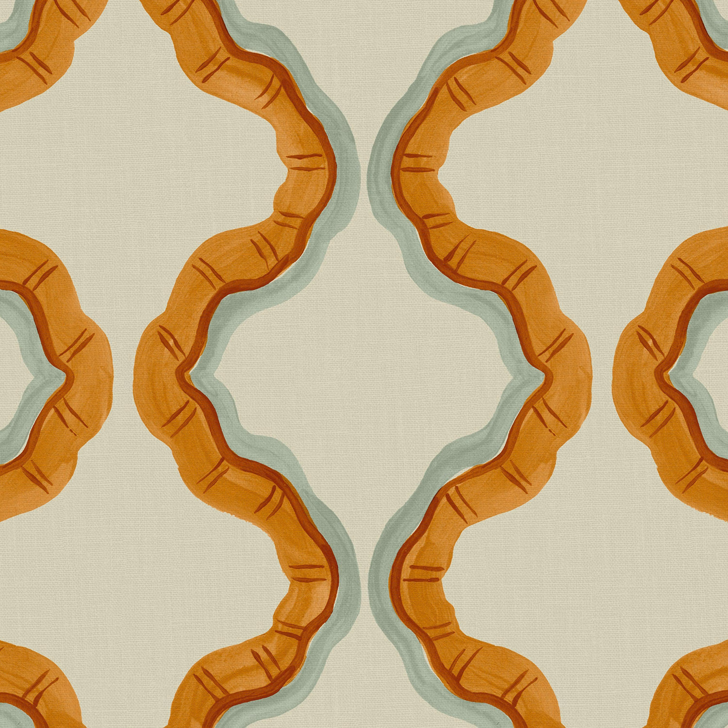 Large terracotta and teal looping motifs on pale sage linen with fine sketched marks