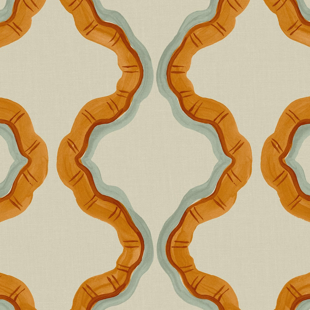 Large terracotta and teal looping motifs on pale sage linen with fine sketched marks