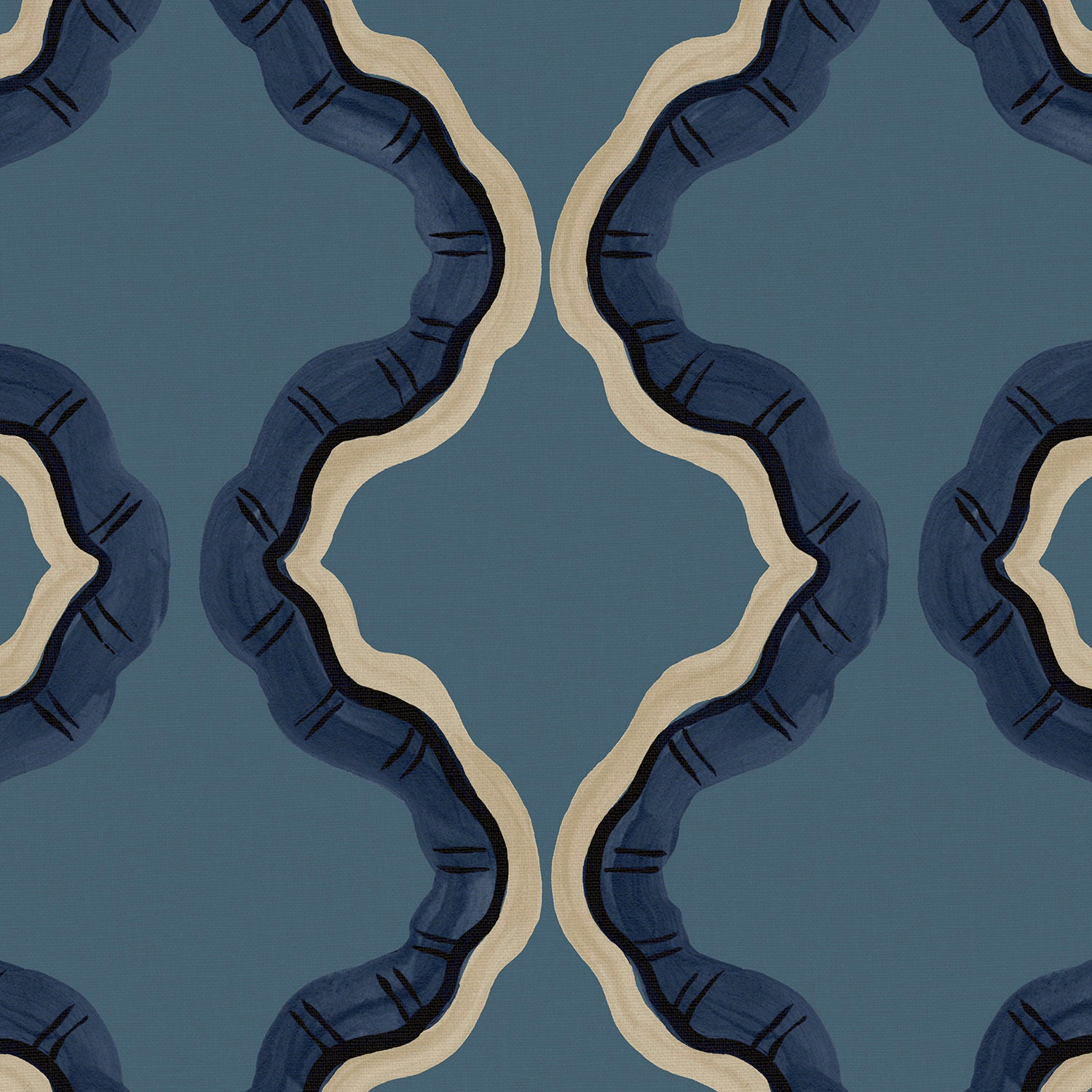 Blue-teal linen with mirrored navy ruffled curves and creamy ivory outlines