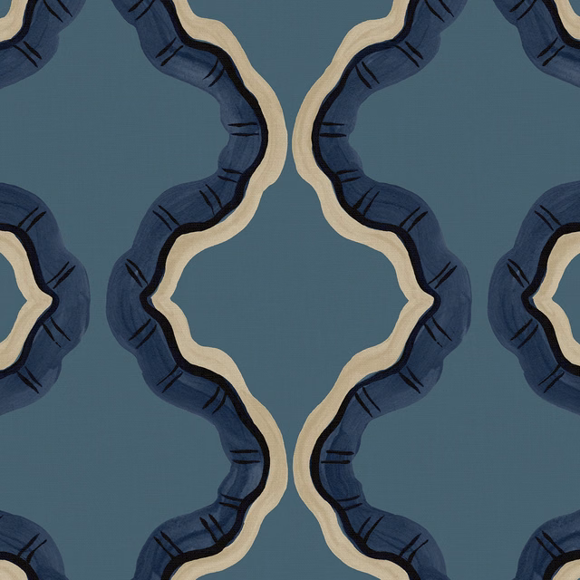 Blue-teal linen with mirrored navy ruffled curves and creamy ivory outlines