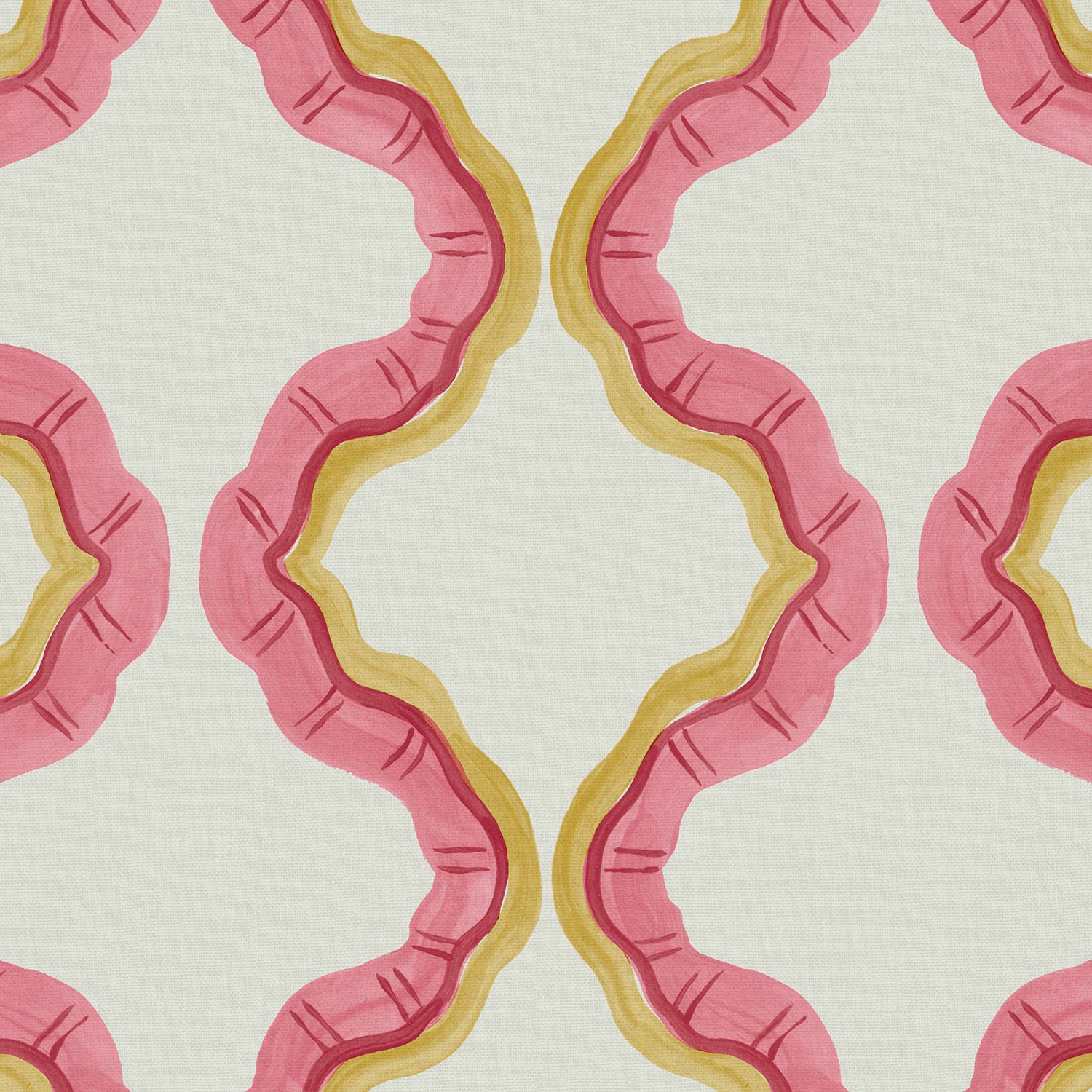 Pale mint linen with large rose-pink ruffles edged in mustard yellow