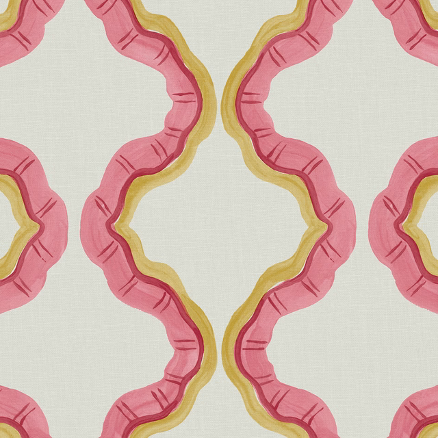Pale mint linen with large rose-pink ruffles edged in mustard yellow