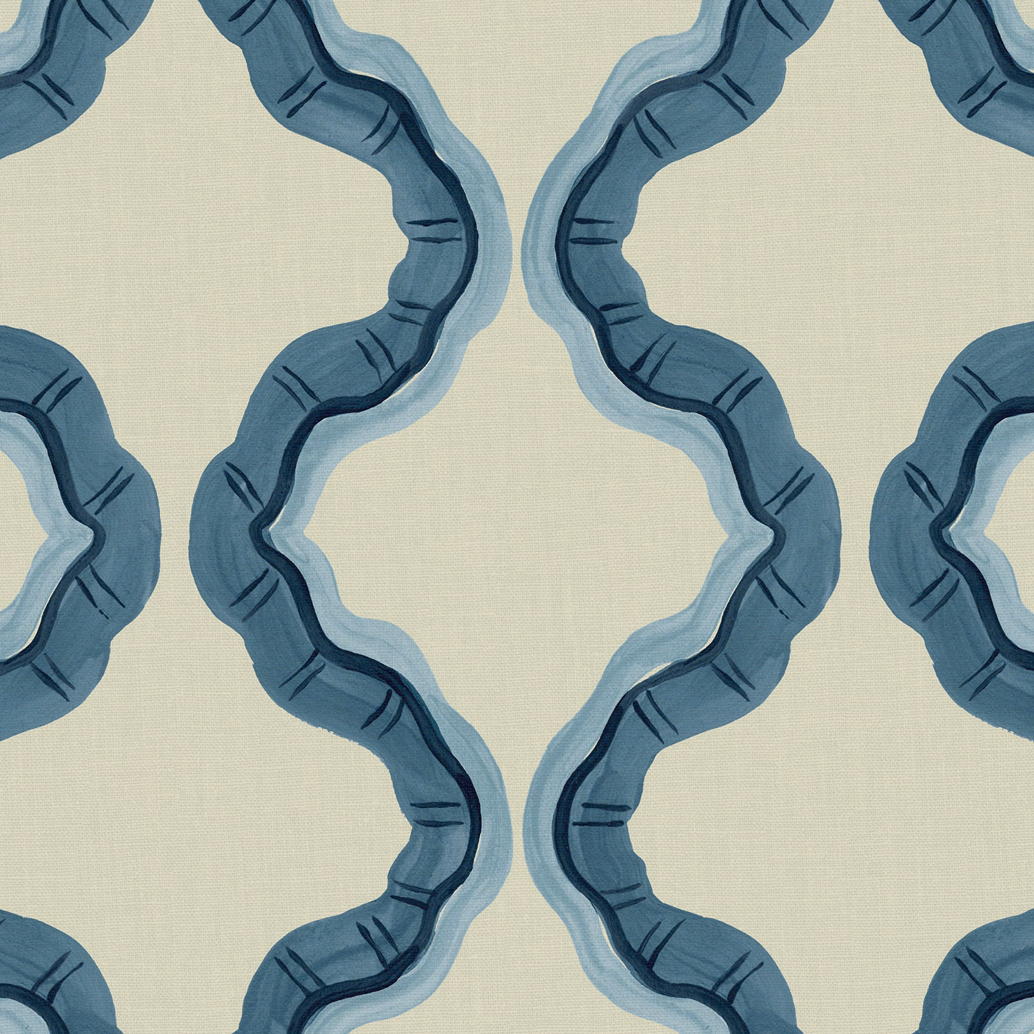 Muted blue ruffled loops with pale blue edging on a warm ivory linen ground