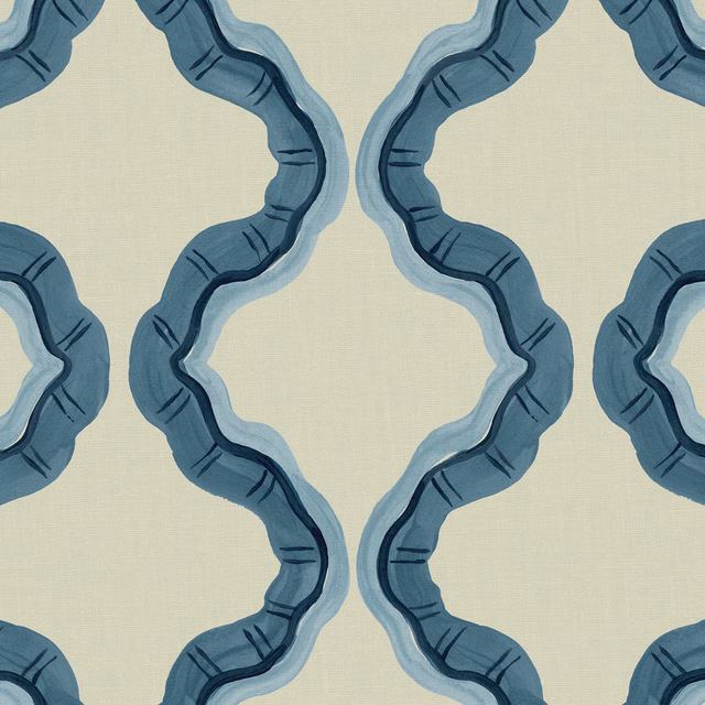 Muted blue ruffled loops with pale blue edging on a warm ivory linen ground
