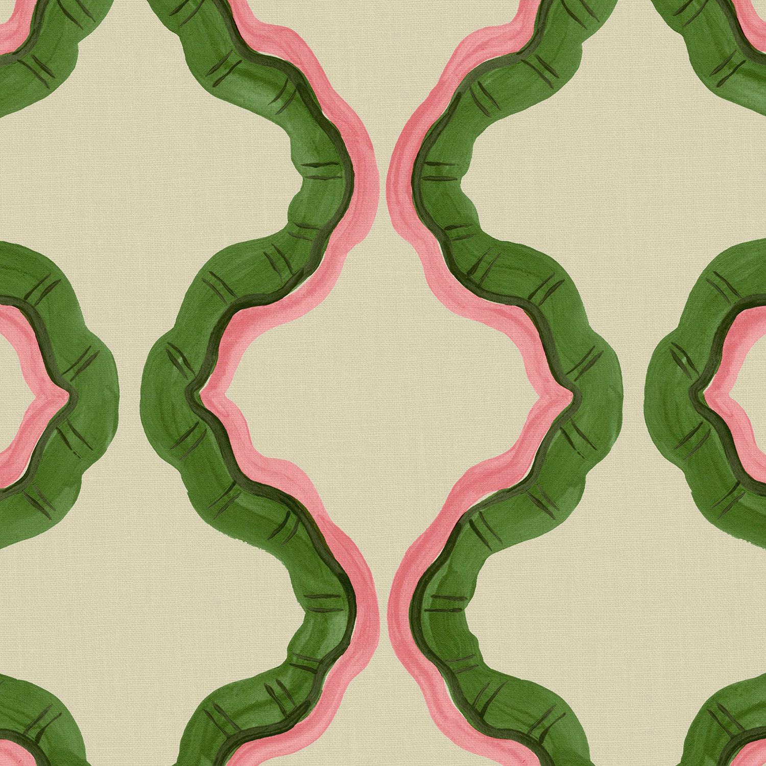 Leaf-green organic loops with rose-pink edging on pale sage linen