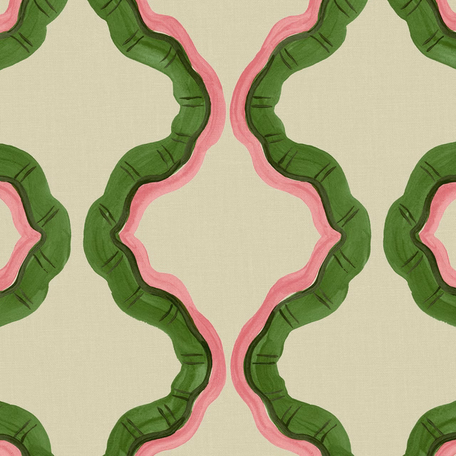 Leaf-green organic loops with rose-pink edging on pale sage linen