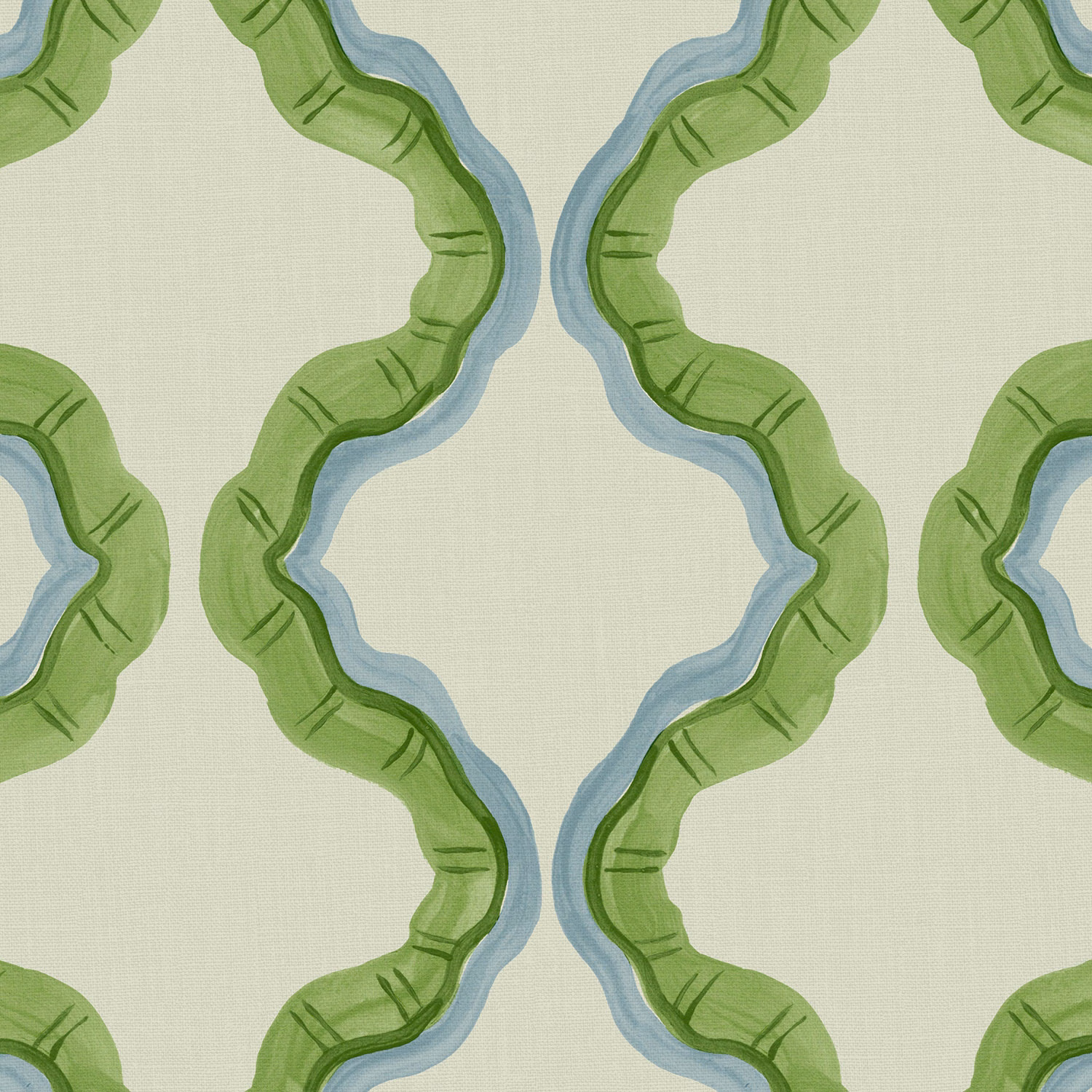 Pale sage linen with large green loops edged in soft aqua blue