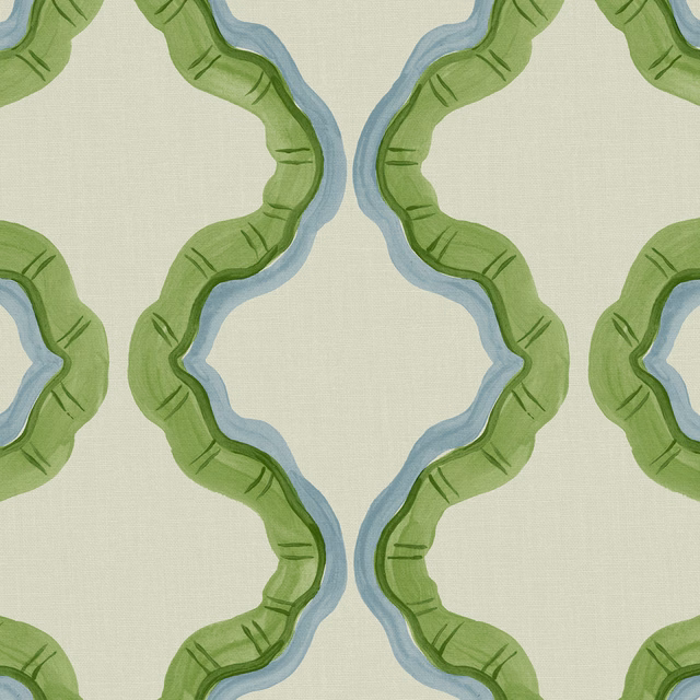 Pale sage linen with large green loops edged in soft aqua blue