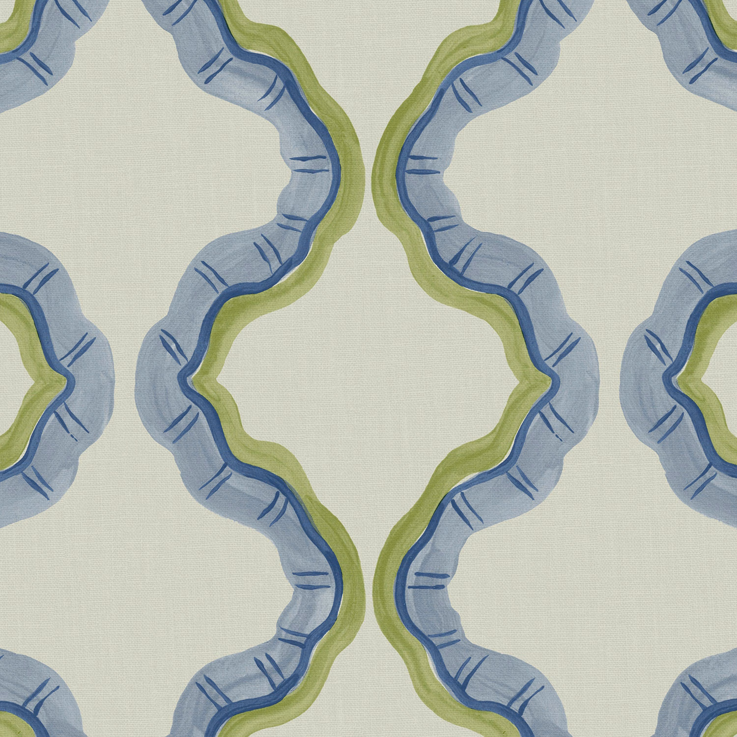 Pale aqua linen with blue scalloped ribbons and olive-green winding borders