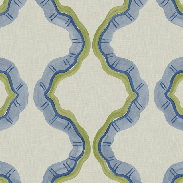 Pale aqua linen with blue scalloped ribbons and olive-green winding borders