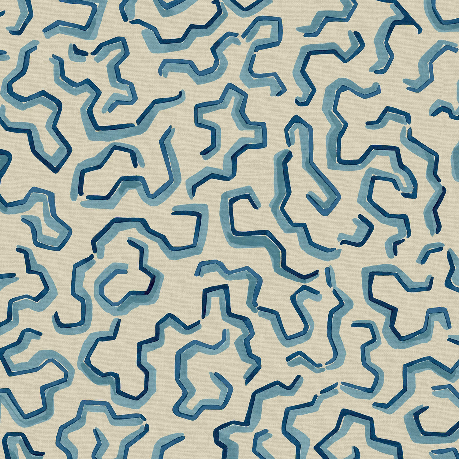 Pale aqua linen with navy and blue meandering abstract outlines