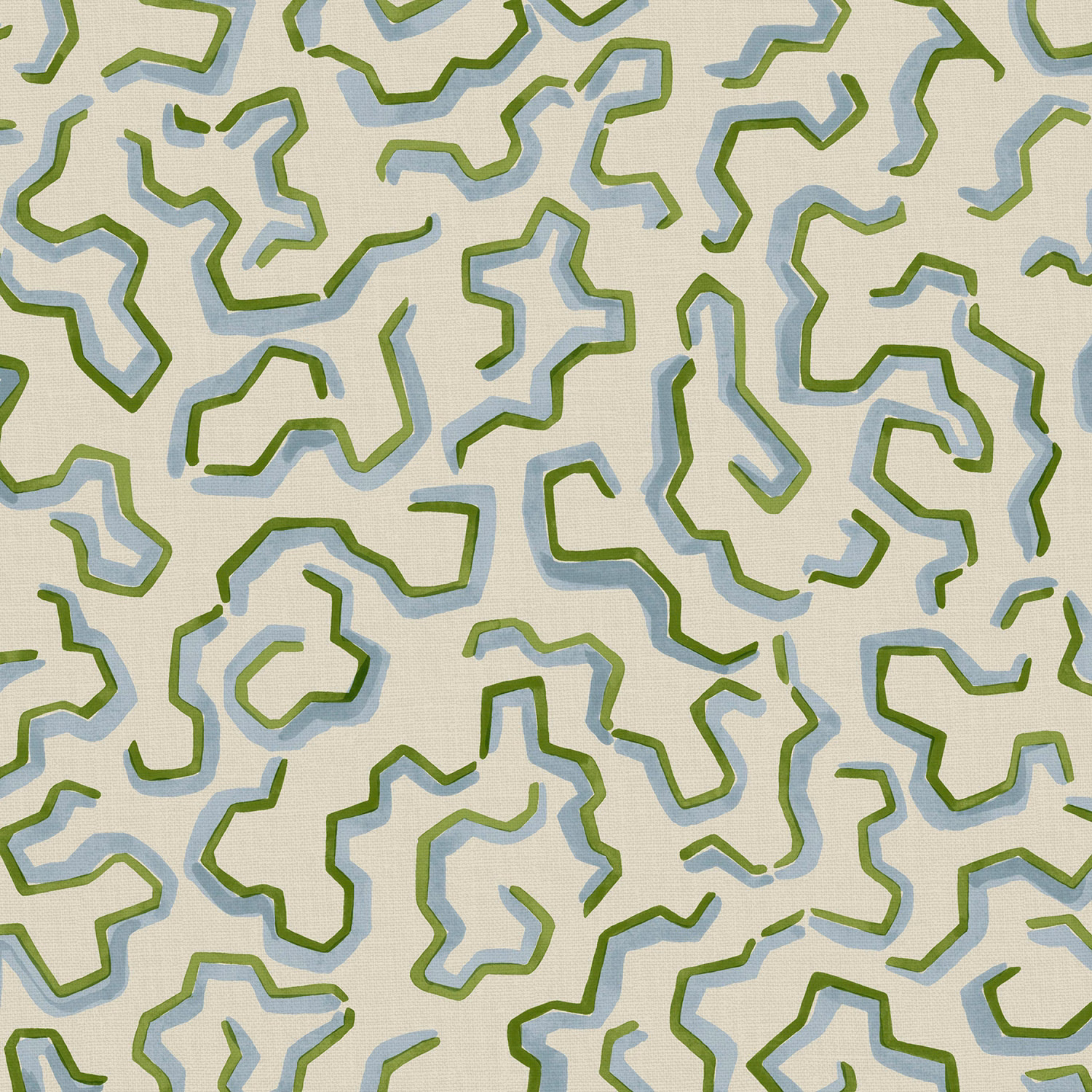 Pale aqua and olive-green abstract lines on a softly textured cream linen