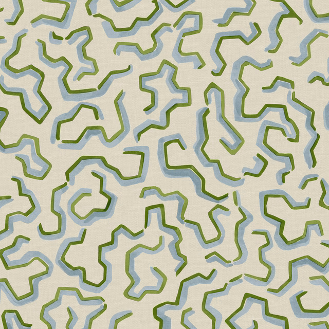 Pale aqua and olive-green abstract lines on a softly textured cream linen