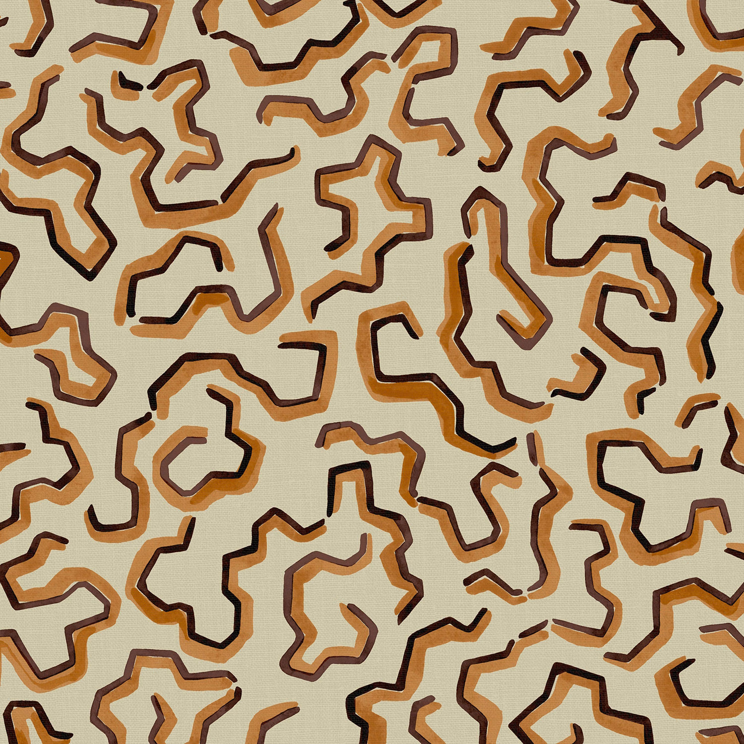 Pale sage linen with tan and dark brown scrunched abstract outlined motifs