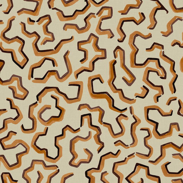 Pale sage linen with tan and dark brown scrunched abstract outlined motifs