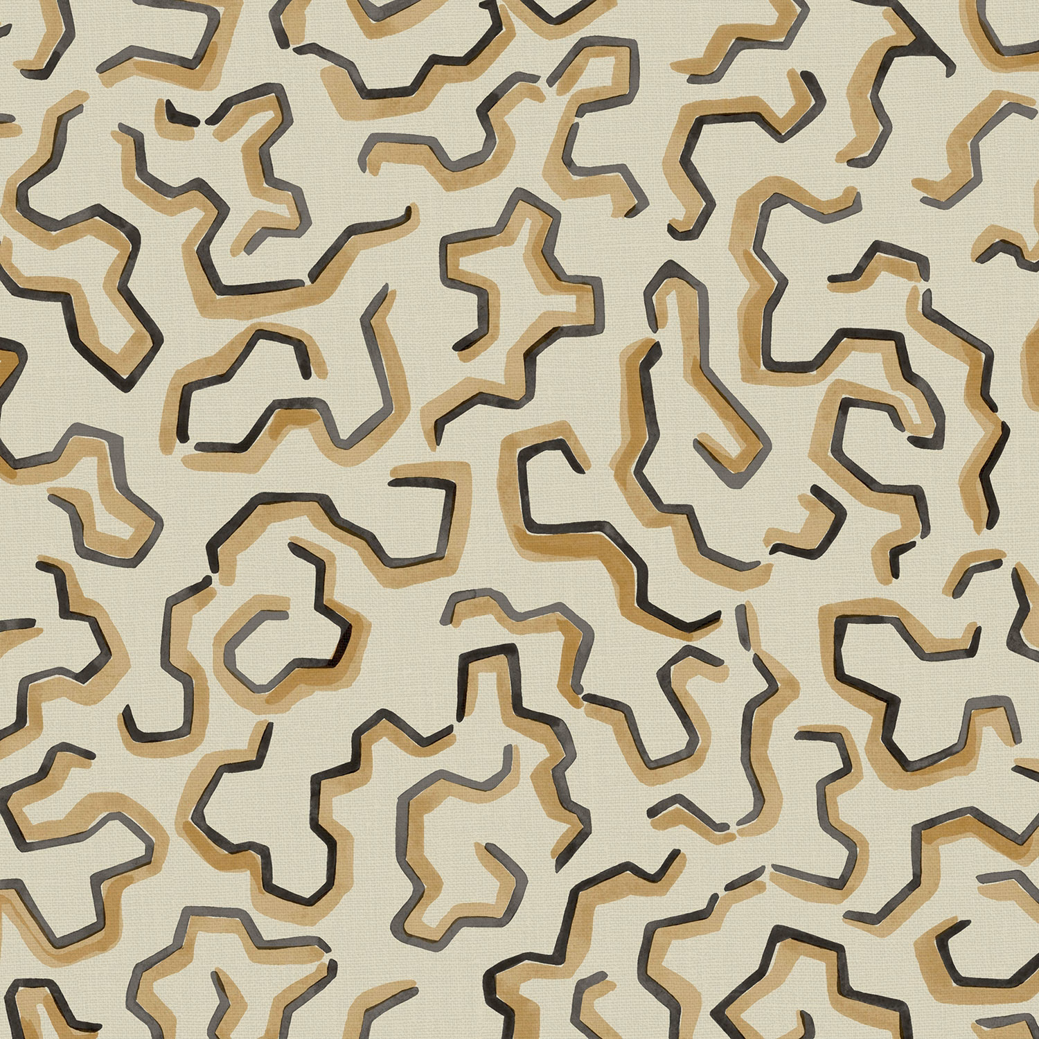 Warm tan, cream and charcoal abstract outlines over a fine linen weave
