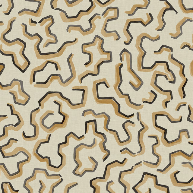Warm tan, cream and charcoal abstract outlines over a fine linen weave