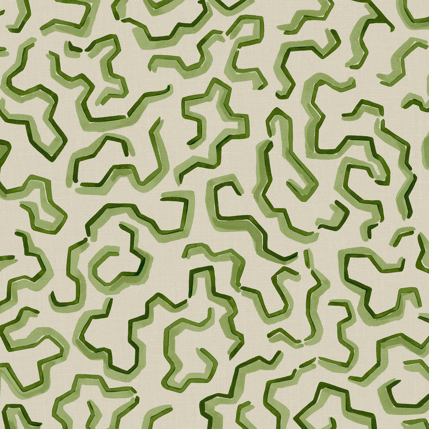 Pale aqua-green linen with looping dark and light green maze outlines