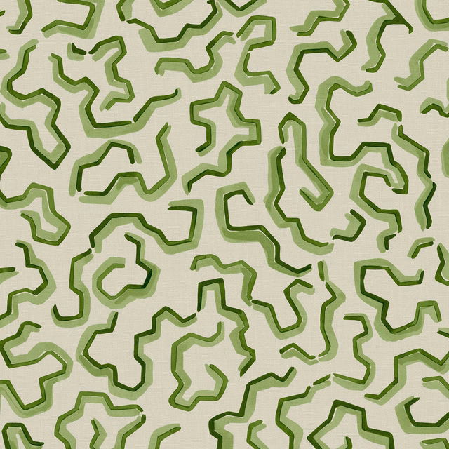 Pale aqua-green linen with looping dark and light green maze outlines