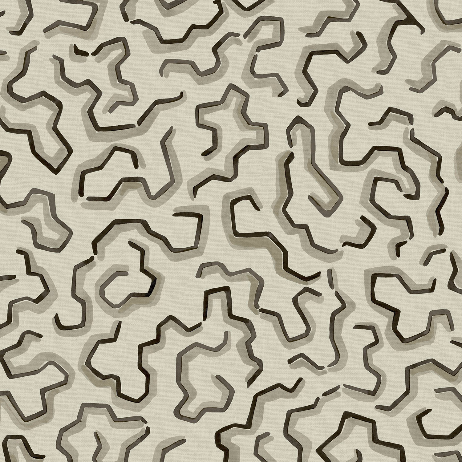 Cool stone-grey linen with charcoal irregular outlines and softer grey shadow shapes
