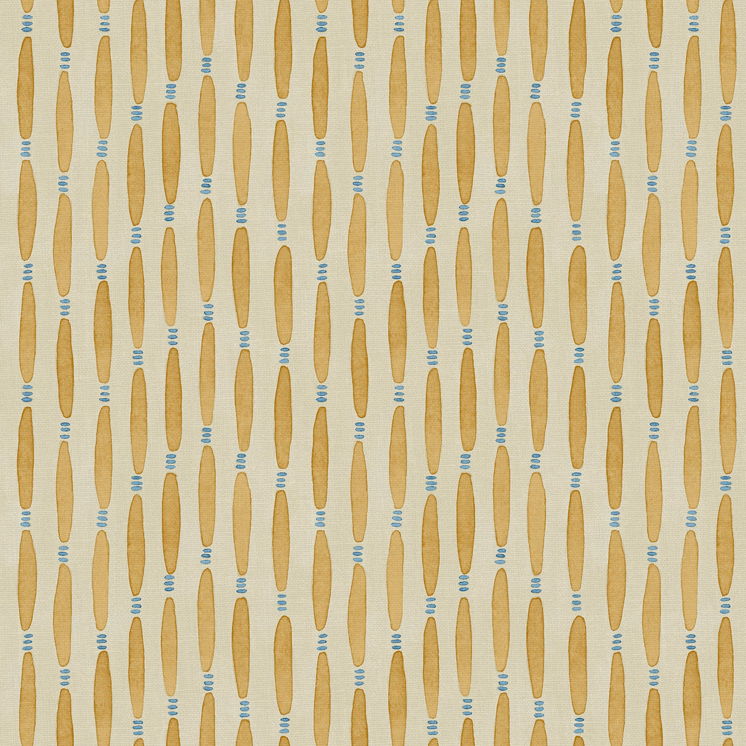 Warm ochre elongated motifs and tiny blue bars on a pale linen ground