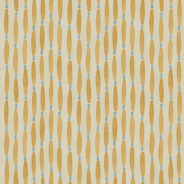 Warm ochre elongated motifs and tiny blue bars on a pale linen ground