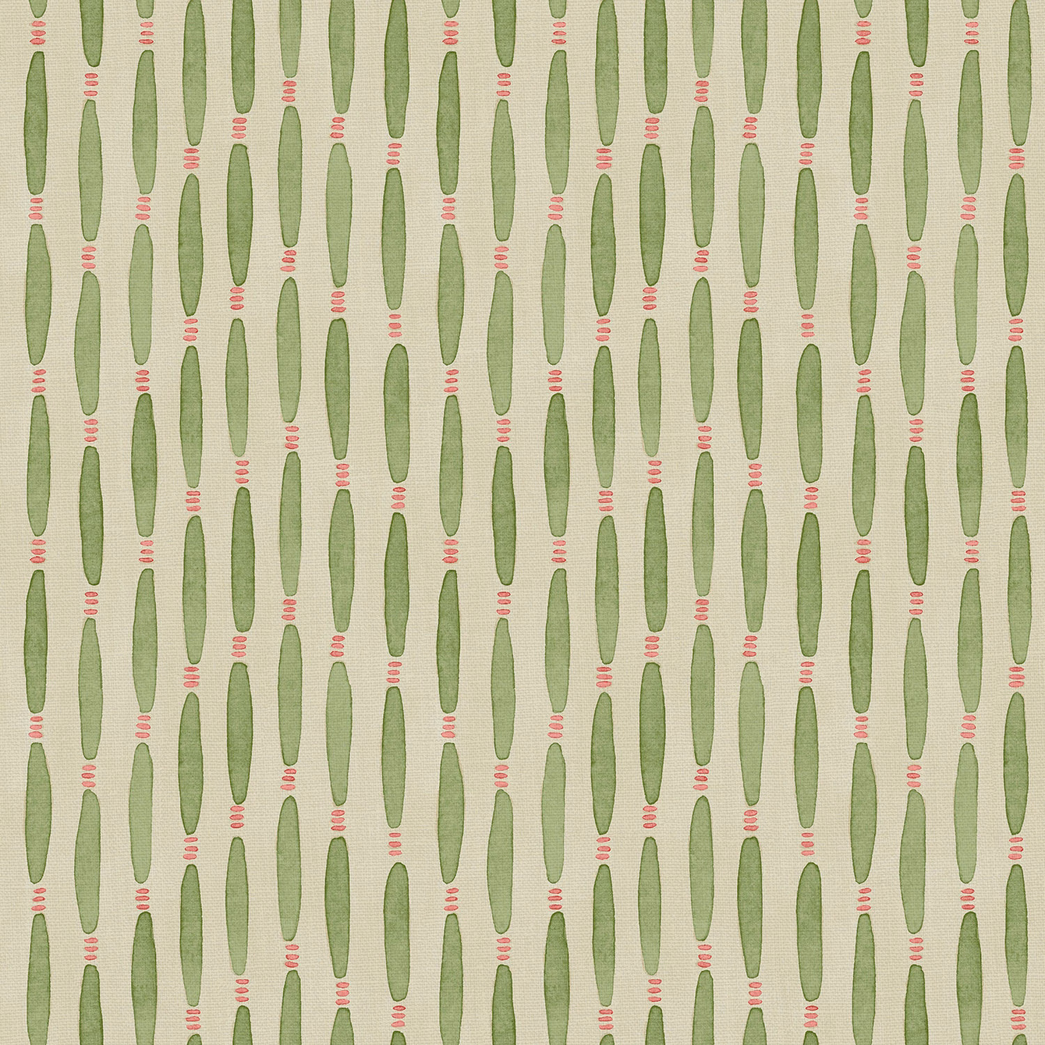 Sage green cactus-like vertical motifs with coral bars on textured aqua linen
