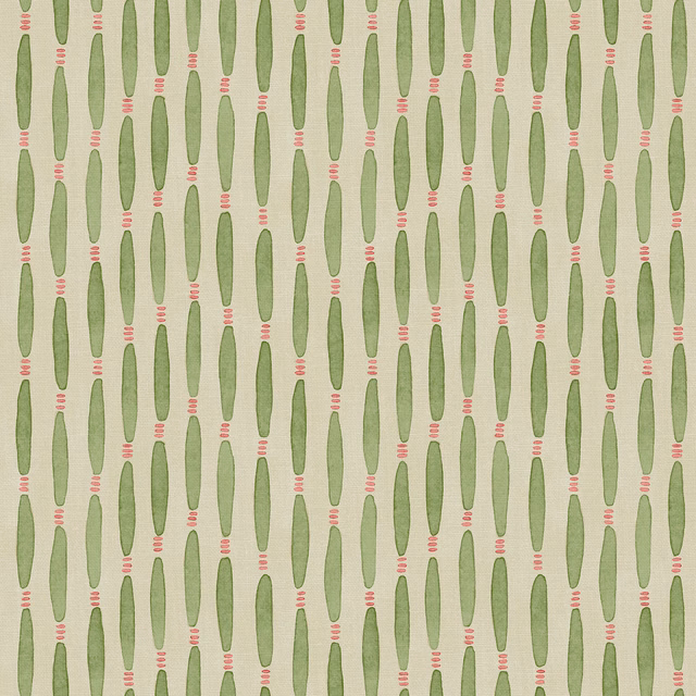 Sage green cactus-like vertical motifs with coral bars on textured aqua linen