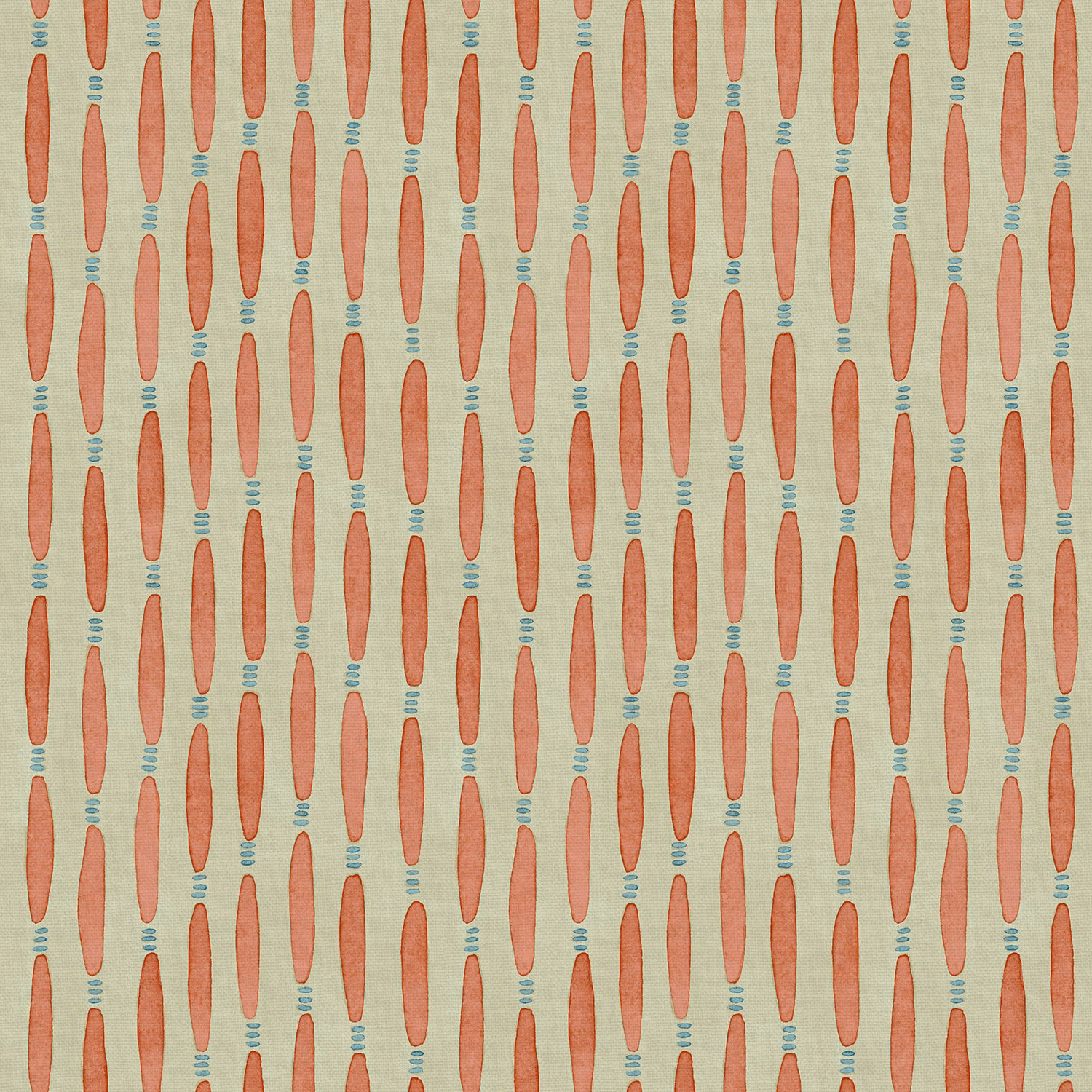 Sage linen with vertical coral lozenges and tiny turquoise stripe motifs