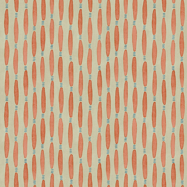 Sage linen with vertical coral lozenges and tiny turquoise stripe motifs