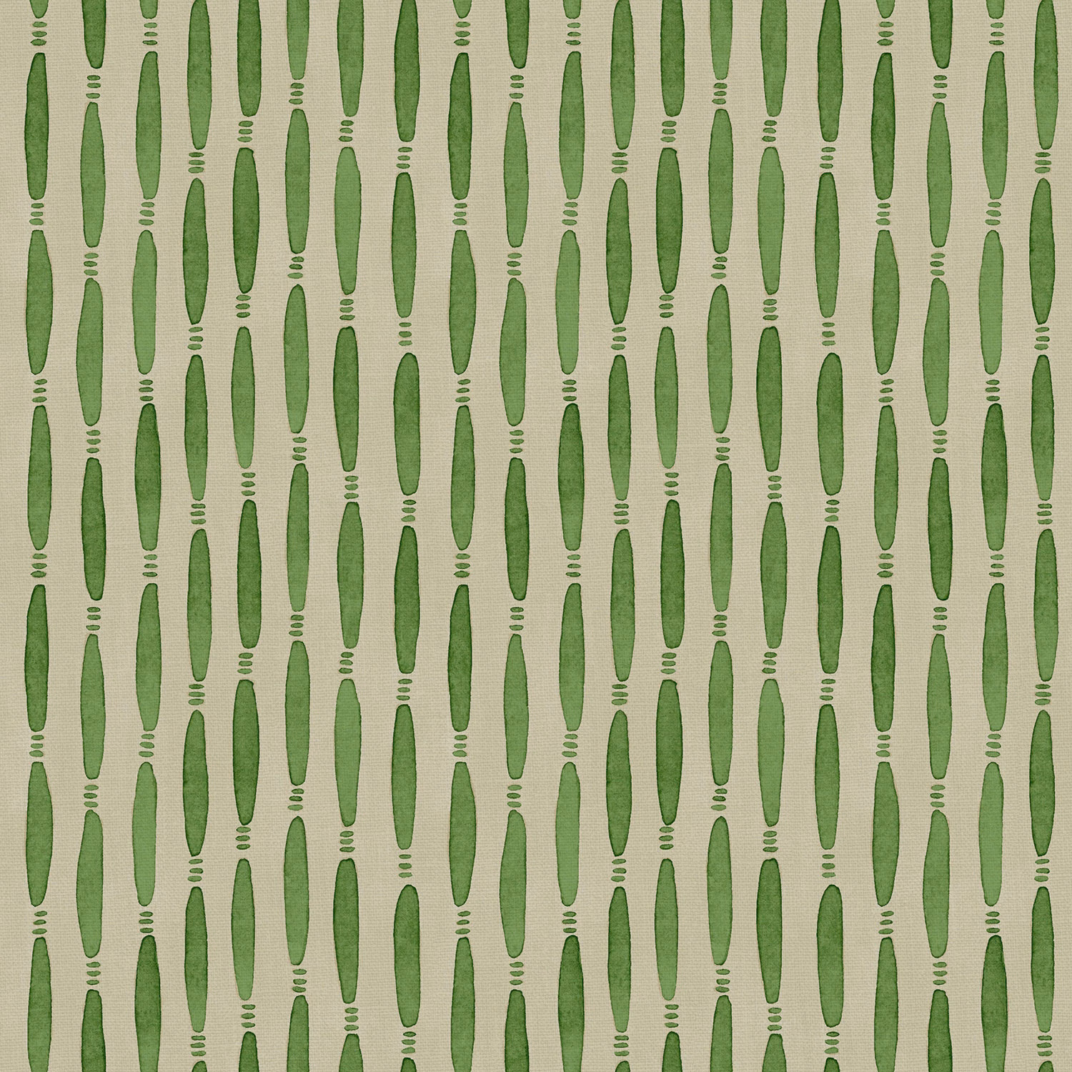 Pale cucumber-green linen with vertical ovals and striped crossbars on a cream ground