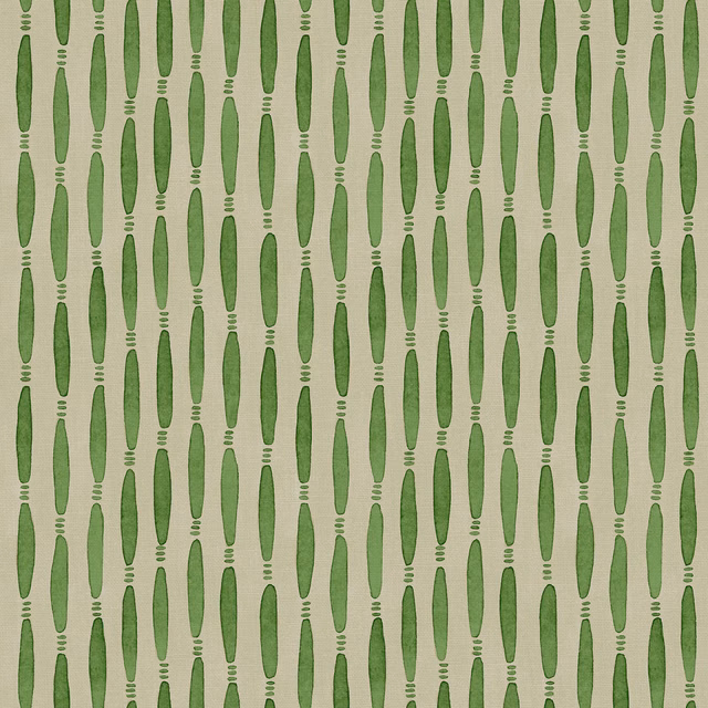 Pale cucumber-green linen with vertical ovals and striped crossbars on a cream ground