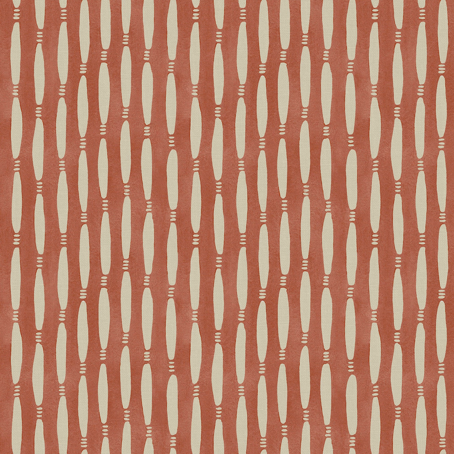 Muted coral linen with elongated cream vertical motifs and small bar details