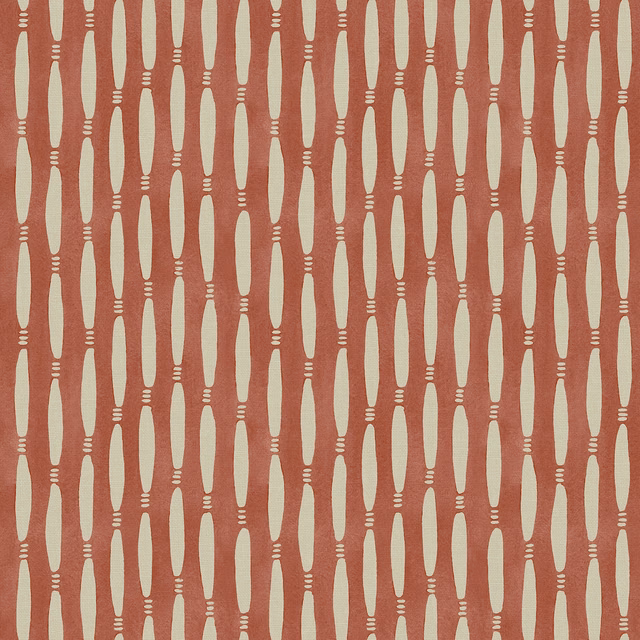 Muted coral linen with elongated cream vertical motifs and small bar details