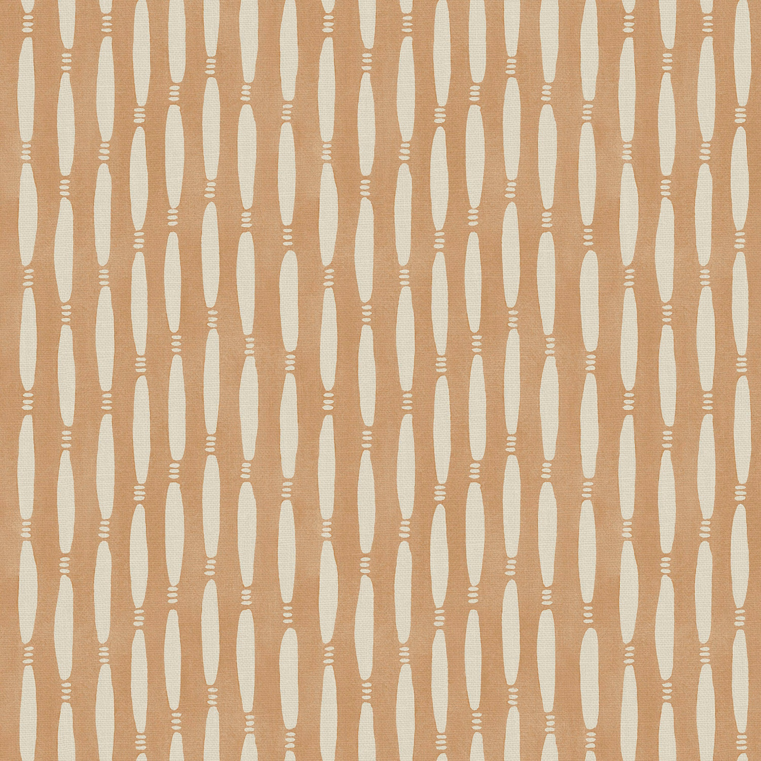Warm terracotta linen with vertical cream lozenges and small striped accents