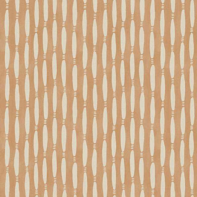 Warm terracotta linen with vertical cream lozenges and small striped accents