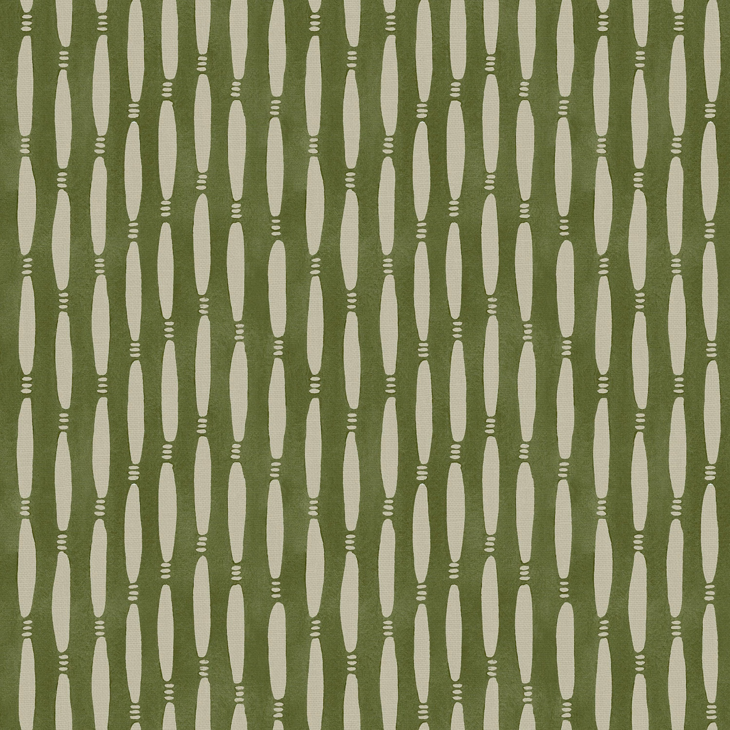 Muted olive linen with repeating cream elongated geometric motifs and tiny horizontal marks