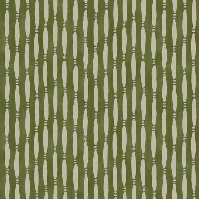 Muted olive linen with repeating cream elongated geometric motifs and tiny horizontal marks