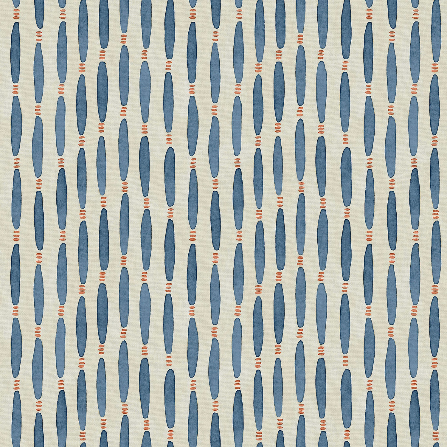 Cream linen with staggered blue elongated motifs and tiny coral horizontal bars
