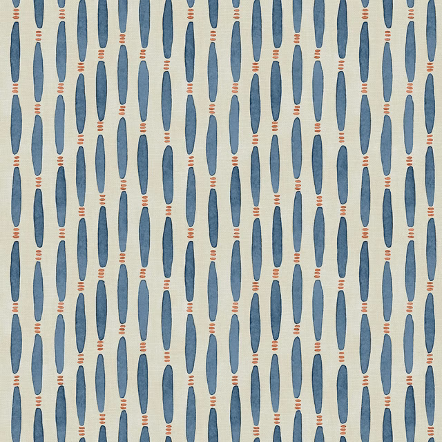 Cream linen with staggered blue elongated motifs and tiny coral horizontal bars
