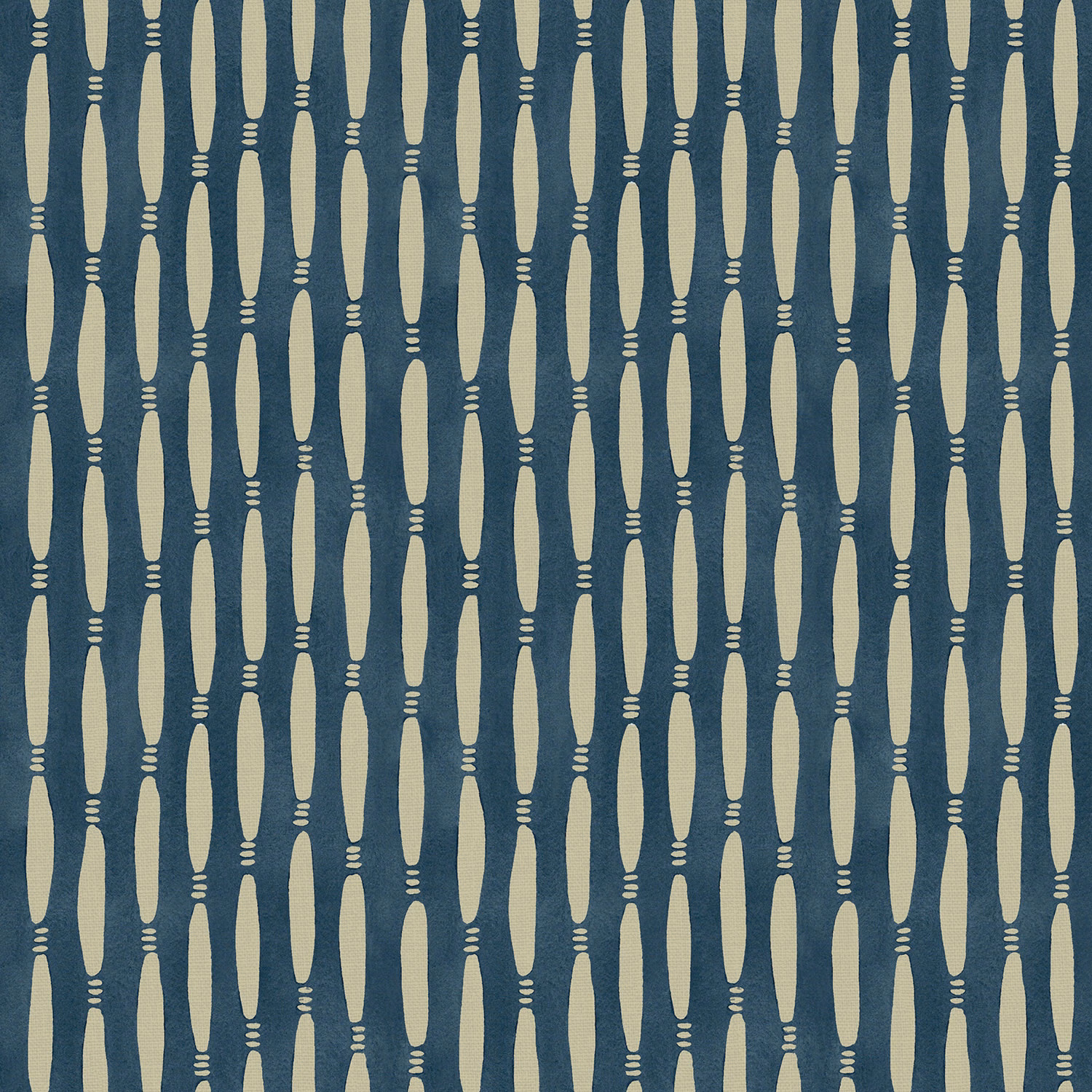 Deep blue-teal linen with pale lilac vertical smocked motifs and fine horizontal accents