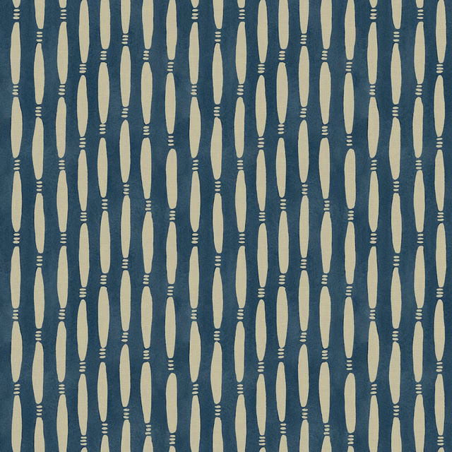 Deep blue-teal linen with pale lilac vertical smocked motifs and fine horizontal accents
