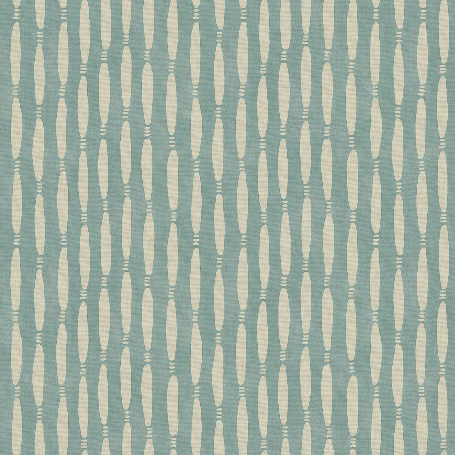 Muted blue-teal linen with repeating cream elongated lozenges and fine horizontal bars