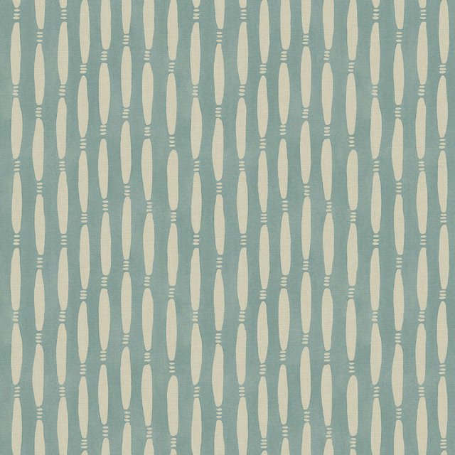 Muted blue-teal linen with repeating cream elongated lozenges and fine horizontal bars