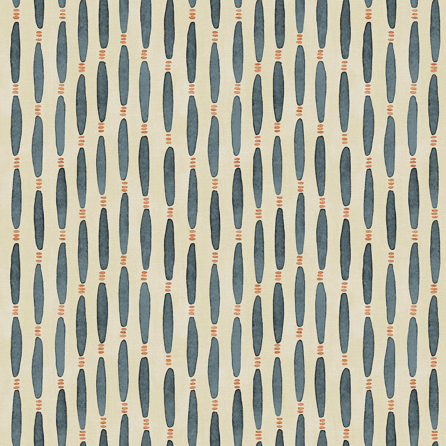 Blue-grey elongated motifs with coral dashes on a pale cream linen ground