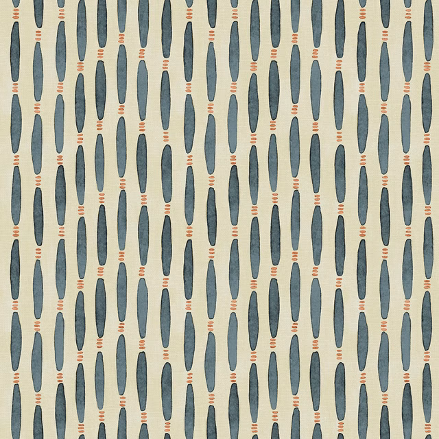 Blue-grey elongated motifs with coral dashes on a pale cream linen ground