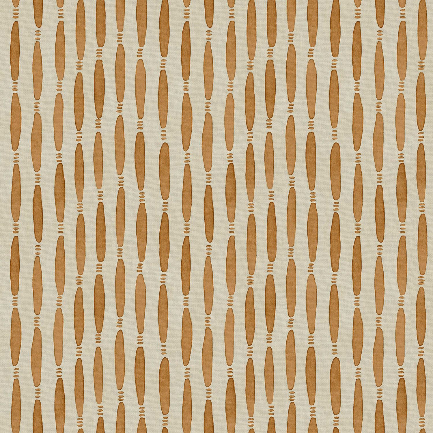 Warm toasted terracotta spindle motifs on a softly textured pale linen ground