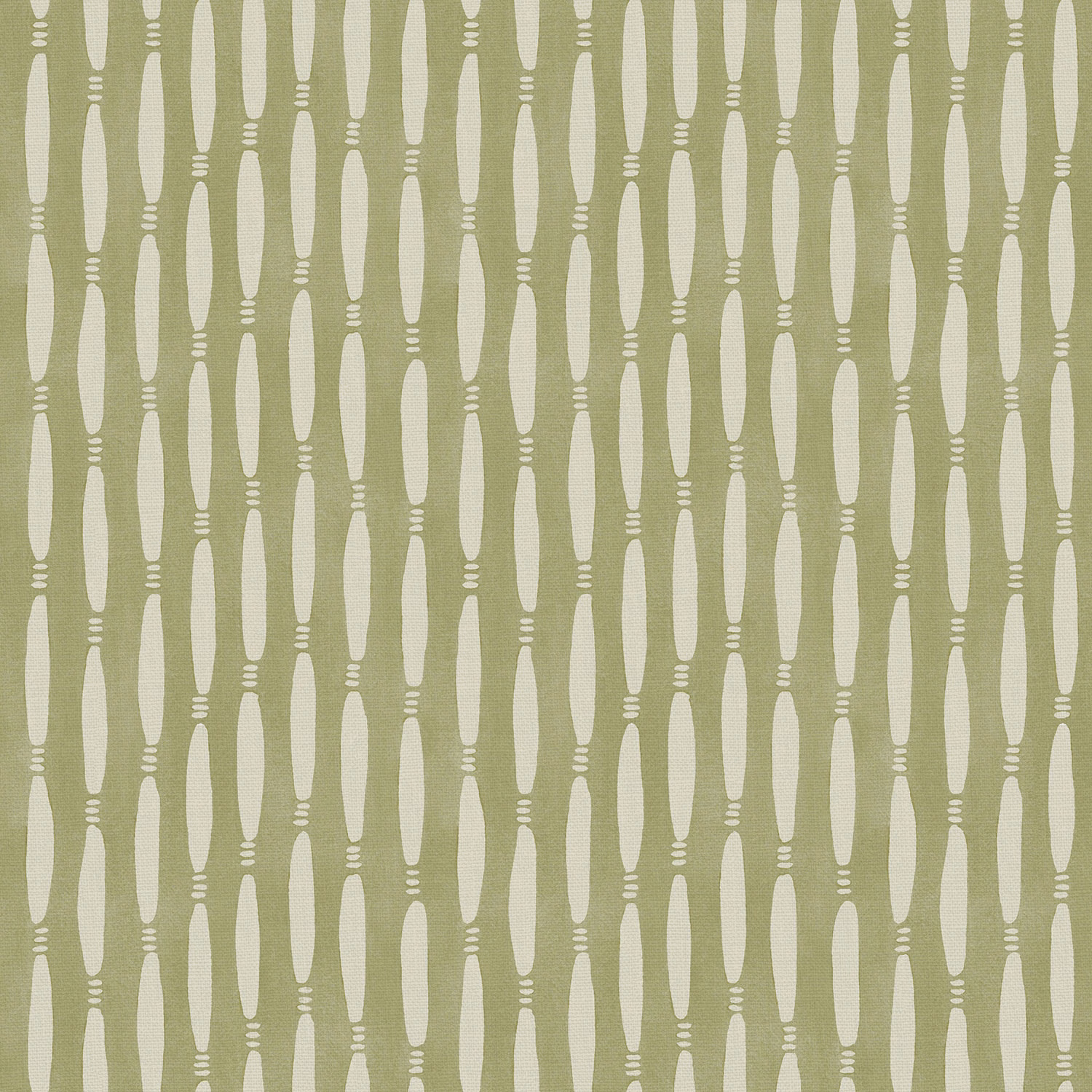 Muted wheatgrass linen with cream elongated capsule motifs and small horizontal bars