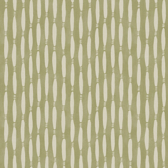 Muted wheatgrass linen with cream elongated capsule motifs and small horizontal bars