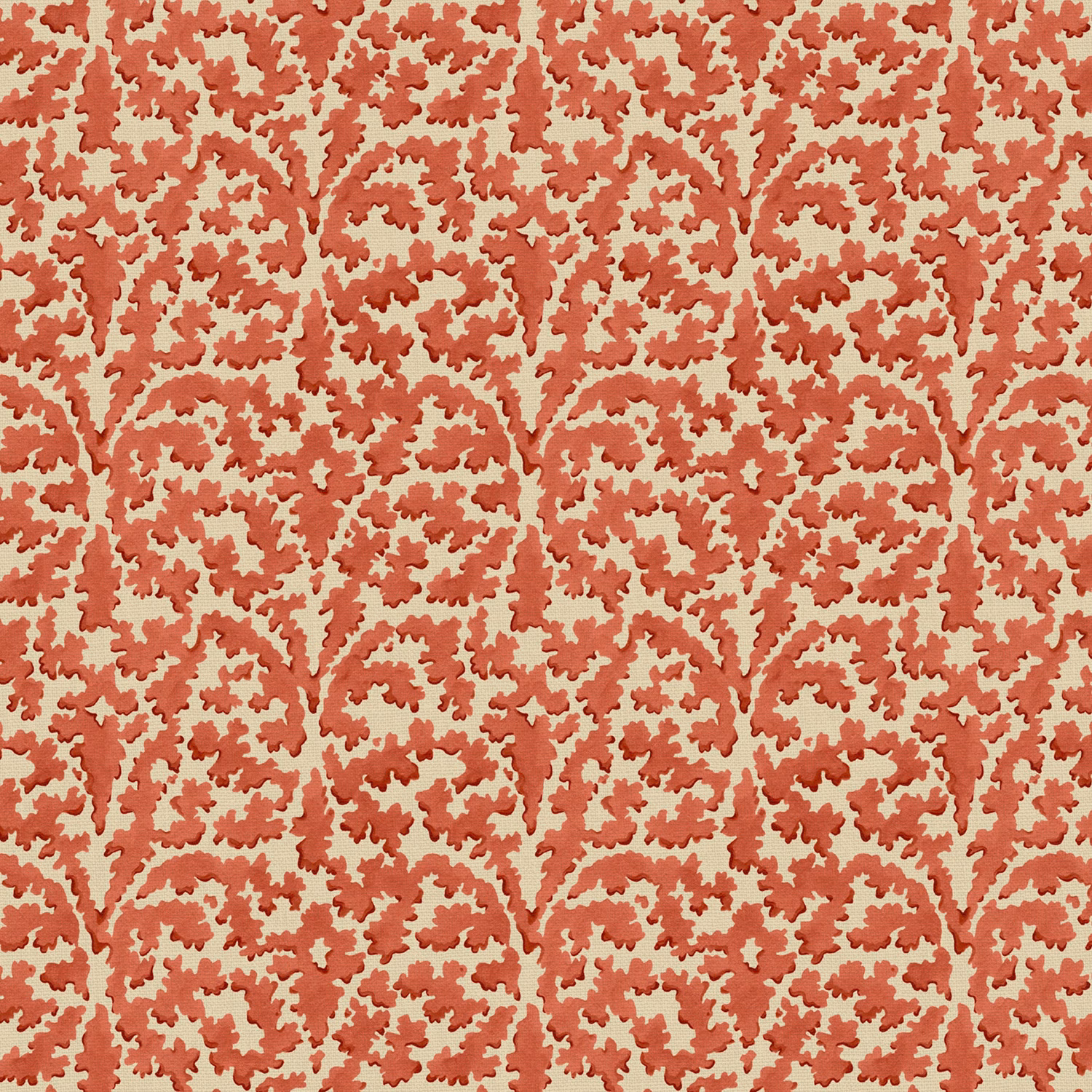 Warm coral-red branching floral sprigs on a pale cream linen ground